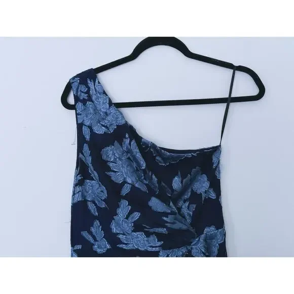 Lulus One Shoulder Floral Jacquard Maxi Dress Medium Navy Blue Wedding Guest - Picture 5 of 12